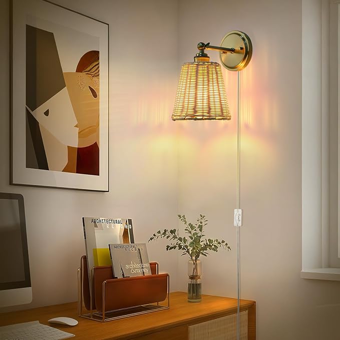 Rattan Wall Sconce Plug in, Hand-Woven Wicker Lampshade Wall Sconces Set of Two, Indoor Wall Lamp, Boho Sconces Set for Bedroom Living Room Corridor Plug-in or Hardwired