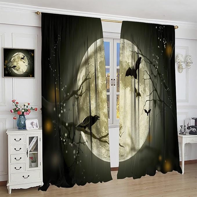 Gothic Halloween Full Moon Blackout Curtains, Gothic Halloween Night Black Bat Crow Print Window Drapes, for Kids Boys Bedroom Living Room 36(W)*63(L) 2 Panels
