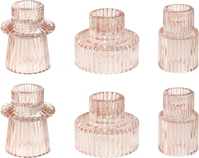 WELLIFE Pink Candlestick Holders, 6 Pcs Glass Candle Holder,Taper Candle Holder for Table Centerpieces Home Bedroom, Valentine's Day Decoration