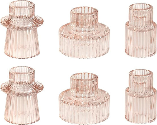 WELLIFE Pink Candlestick Holders, 6 Pcs Glass Candle Holder,Taper Candle Holder for Table Centerpieces Home Bedroom, Valentine's Day Decoration