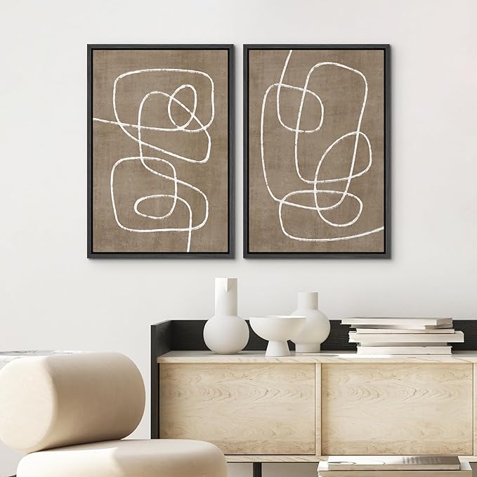 SIGNWIN Framed Canvas Print Wall Art Set Geometric Mid-Century Spiral Collage Abstract Shapes Cozy Neutral Minimal Decorative Nordic Zen Bohemian for Living Room, Bedroom, Office - 24"x36"x2 Black