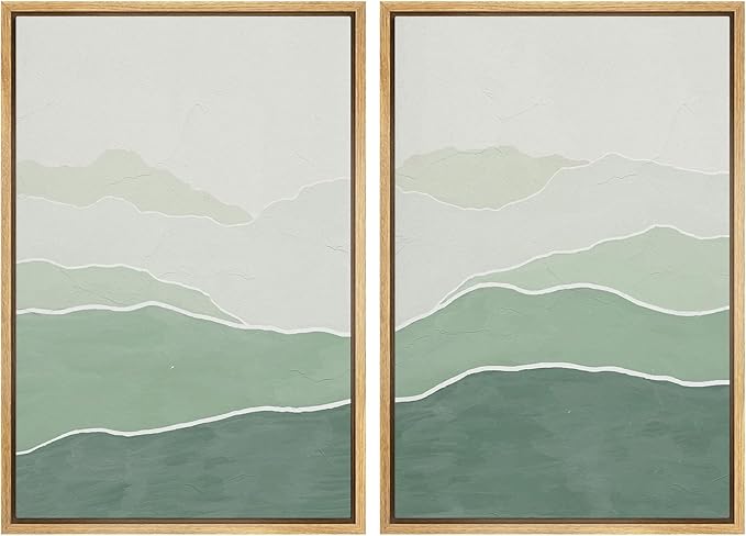 SIGNWIN Framed Wall Art Print Set Green Gradient Wave Landscapes Abstract Shapes Illustrations Modern Art Bohemian Relax/Calm Multicolor for Living Room, Bedroom, Office - 24"x36"x2 Natural
