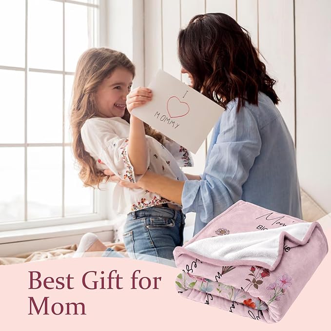 Ships Next Day, Personalized Christmas Mom Blanket Gift, Custom Blanket with Kids Name and Birth Month Flowers, Birthday Gifts for Mom from Daughter Son, Personalized Gifts for Grandma,Wife