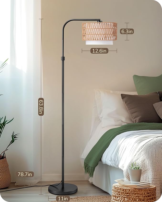 EDISHINE Arc Floor Lamps for Living Room Rattan Boho Floor Lamp with Remote Control,Dimmable Standing Lamp Wicker Lamp Shades Black Standing Lamp with 5 Color Temperature Tall Floor Lamps for Bedroom