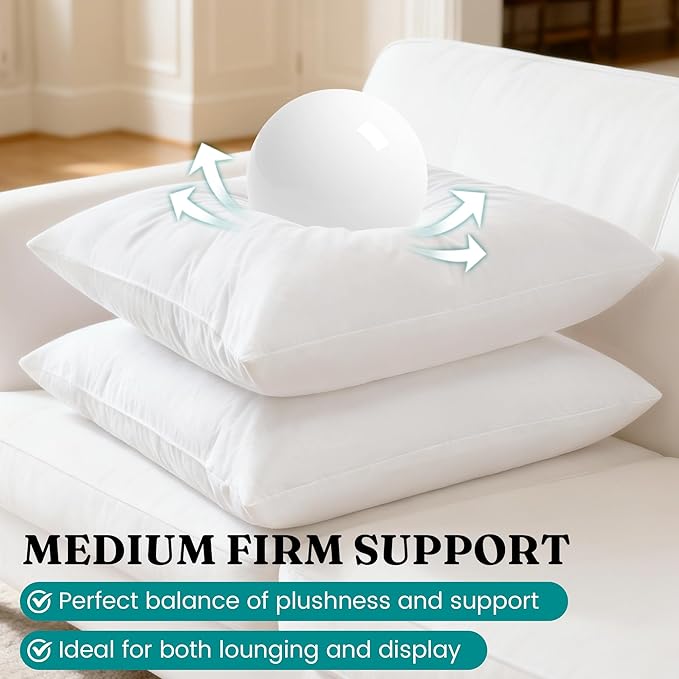 Oubonun 18x18 Feather Down Alternative Throw Pillow Inserts, 100% Cotton Cover, Medium Firm Decorative Pillow Inserts for Couch, Sofa, Bed, Chair (Set of 2)