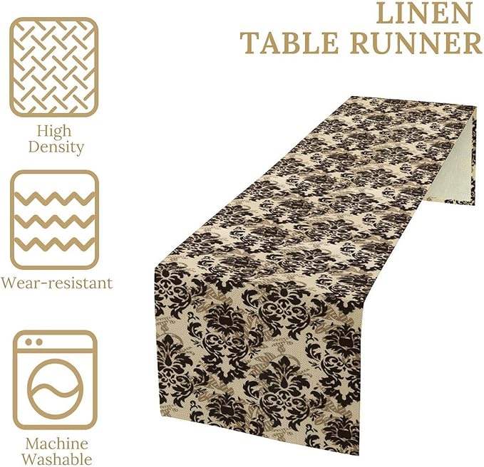 Farmhouse Damask Table Runner Brown Damask Patterned Baroque Table Runner for Kitchen Dining Party Decor 13x60in