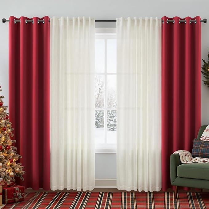 KOUFALL Christmas Red Curtains for Living Room,Blackout Grommet Winter Holiday Window Decorative Xmas Curtain Drapes 84 Inches Long 2 Panels Cortinas De Navidad para Sala Rojas