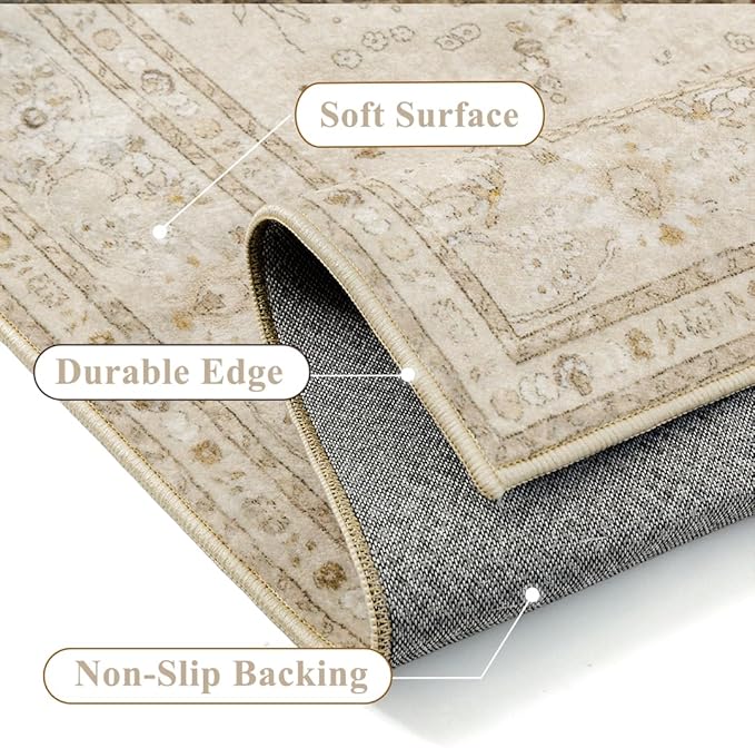 Brown 6x9 Area Rug Washable Vintage Carpet for Living Room Bedroom Large Soft Retro Floral Low Pile Thin Indoor Rug Non Slip Central Medallion Floor Cover for Dining Room Office