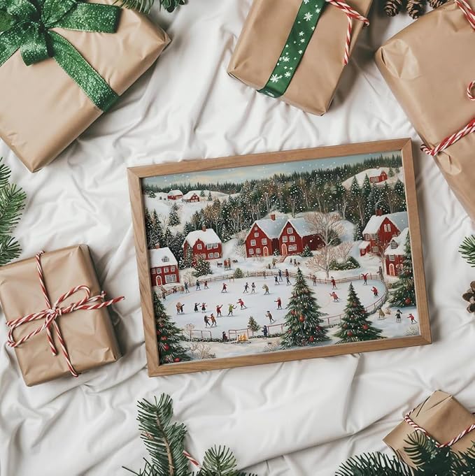 OZCONO Snowy Christmas Village Wall Art for Holiday Decor, Nordic Winter Town Scene with Ice Skating, Vintage Seasonal Artwork, Xmas Festive Cabin Landscape Accent (Unframed) (27x40)