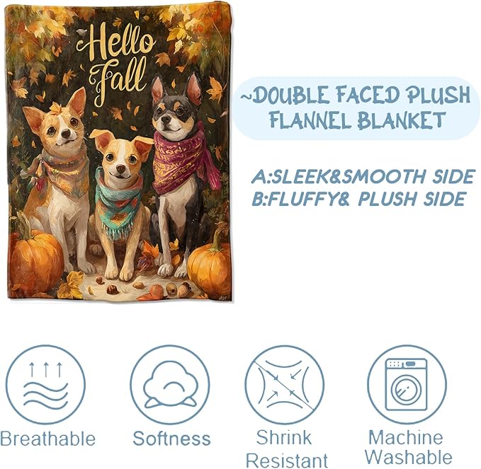 Adorable Dog Blanket,Fall Gifts for Pet Lovers,Lightweight Flannel Throw Blankets,Cute Puppy Pumpkin and Autumn Leaf Throws Home Decor,for Camping Living Room Office,60x50inch