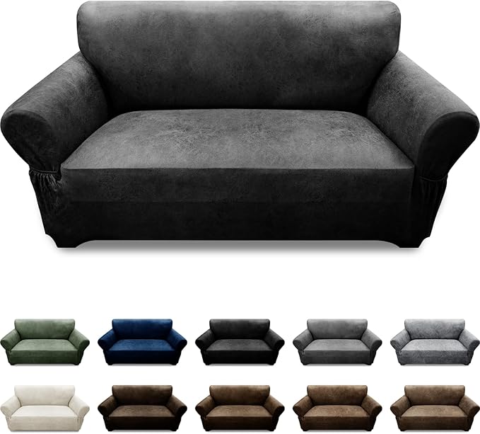 Loveseat Sofa Slipcover Leather Look Couch Covers for 2 Seater Couch Sofa 1-Piece Sofa Cover Stretch Furniture Protector with Elastic Bottom & Pockets(Loveseat, Dark Grey)