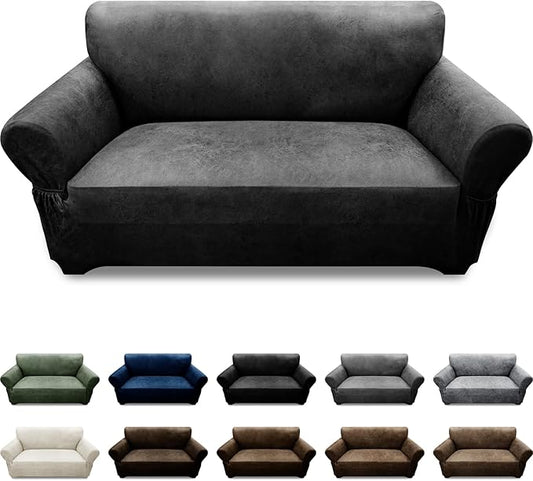 Loveseat Sofa Slipcover Leather Look Couch Covers for 2 Seater Couch Sofa 1-Piece Sofa Cover Stretch Furniture Protector with Elastic Bottom & Pockets(Loveseat, Dark Grey)