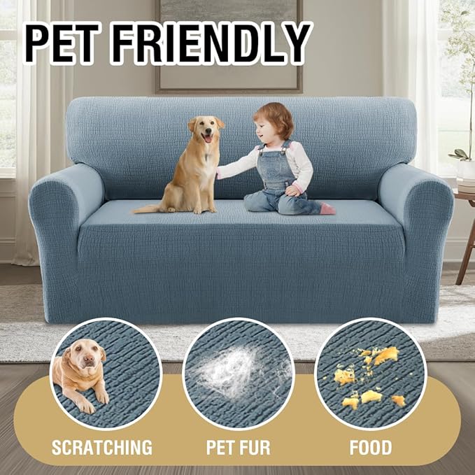 H.VERSAILTEX Jacquard Sofa Slipcover with Waterproof Seat Furniture Protector 1 Piece Stretch Sofa Covers with Elastic Bottom for Kids, Pets, Dog(Loveseat, Stone Blue)