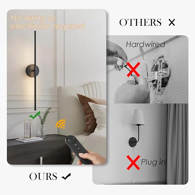 Battery Operated Wall Sconces, Dimmable Wall Sconces Set of Two, 350°Rotate, 3000K LED Black Wireless Wall Light for Living Room, Bedroom,Hallway, 24.4 Inch (2 Pack)