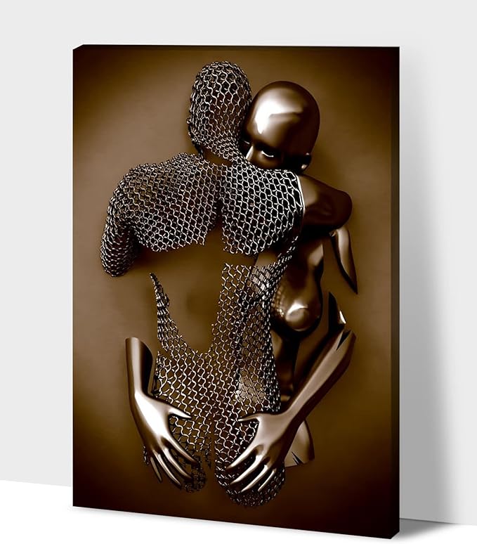 HIPOCAPO 3D Metal Effect Wall Art, 3D Metal Art Wall, Modern Abstract Hug Lovers Painting Picture Poster Prints for Bathroom, Romantic Couple Living Room Canvas Wall Art Framed, 1Panel-XL-(28x40 in)