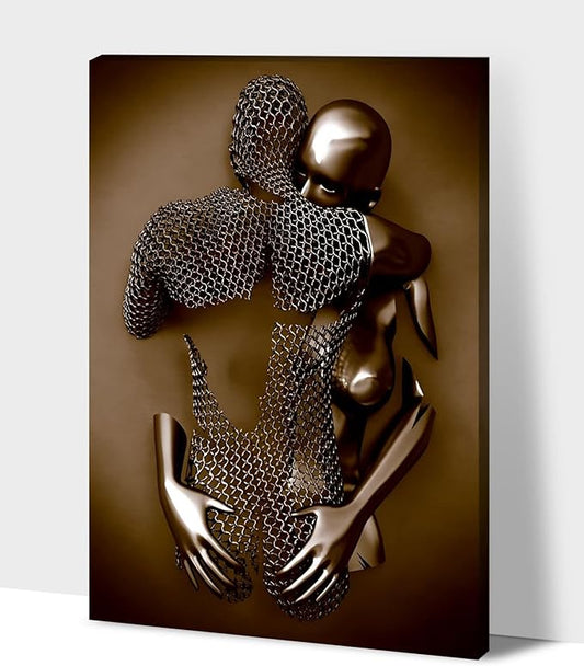 HIPOCAPO 3D Metal Effect Wall Art, 3D Metal Art Wall, Modern Abstract Hug Lovers Painting Picture Poster Prints for Bathroom, Romantic Couple Living Room Canvas Wall Art Framed, 1Panel-XL-(28x40 in)