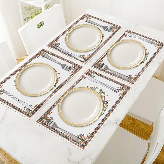Boho Tiles Placemat Set of 4, 12x18 Inch Rustic Floral Birds Mexican Talavera Ceramic Mexico Tiles Dia De Los Muertos Coffee Vintage Table Mats for Outdoor Kitchen Dining Table Decoration