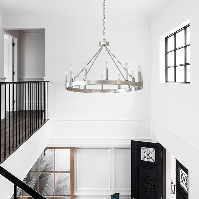 32" Silver Wagon Wheel Chandelier, 12-Light Farmhouse Brushed Nickel Wagon Wheel Chandelier for Dining Room, Modern Round Candle Chandeliers Light Fixture for Living Room, Foyer, Entryway, E12