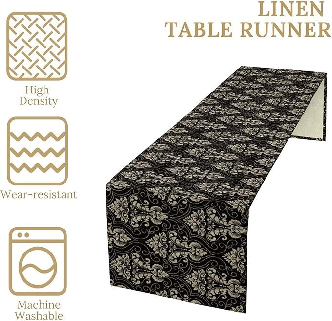 Vintage Black Damask Premium Table Runner Classic Palace Table Runner for Kitchen Dining Weddings Party Decor 13x36in