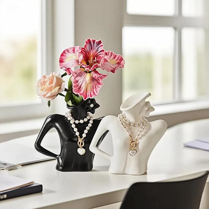 Ceramic Vase with Detachable Necklace — Elegant Female Curves Home Decor, Artistic Tabletop Vase for Bookshelf, Dining Table, Living Room, Kitchen, or Office, Perfect with Artificial or Dried Flowers