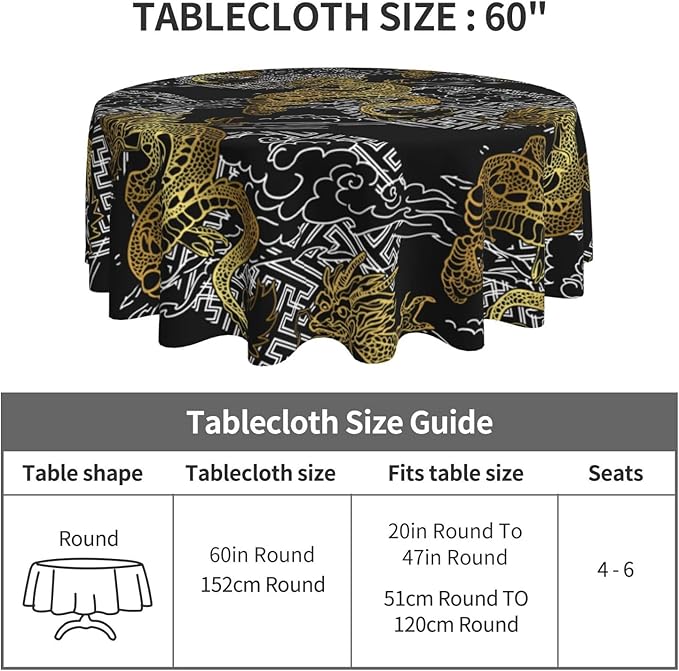 Japanese Tablecloth Round, Black Traditional Zodiac Dragon Vintage Asian Style Oriental Water Resisitant Table Cover for Dining Kitchen Living Room Home Party Holiday Decor 60 inch Round