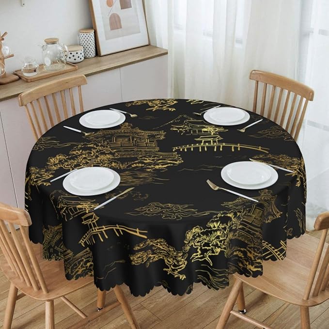 Japanese Tablecloth, Black Golden Traditioanal Chinese Landscape Oriental Vintage Water Resisitant Wipeable Table Cover for Dining Kitchen Living Room Home Party Holiday Decor 60 inch Round