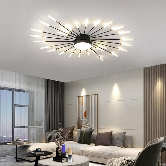 JAYMP Ceiling Light Modern Flower Shape Ceiling Lamp for Living Room Dining Room Flush Mount Metal Acrylic Sputnik Firework Petal LED Lighting Fixture (Matte Black, 28+1 Lights)