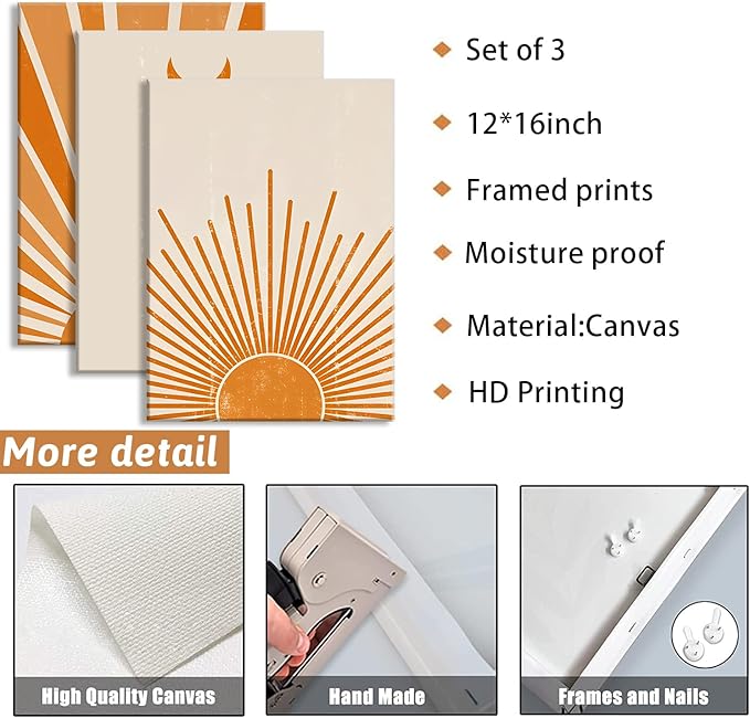 3Pcs Boho Minimalist Wall Art Abstract Sun Moon Canvas Wall Decor Beige Sunshine Mid Century Modern Nordic Style Pictures Prints Posters for Living Room Bedroom Home Decor Ready To Hang 12x16in