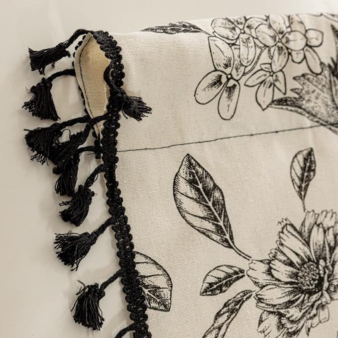 F-CHU Black Floral Farmhouse Curtains Living Room Drapes 84 Inch Length Cotton Linen Boho Window Curtain with Tassel Rod Pocket Bedroom Macrame Drapes Flower Curtains, 2 Panel