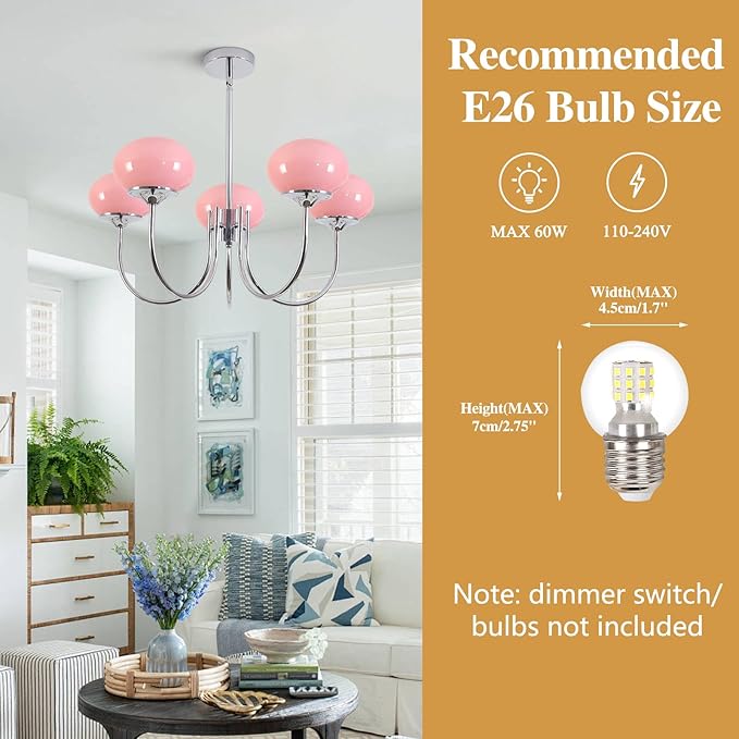 BOKT Nordic Pink Chandelier 5 Heads Chrome Chandelier Pendant Light Fixture Dining Room Oval Glass Globe Ceiling Chandeliers Elegant Decorative Chandeliers for Girls' Bedroom