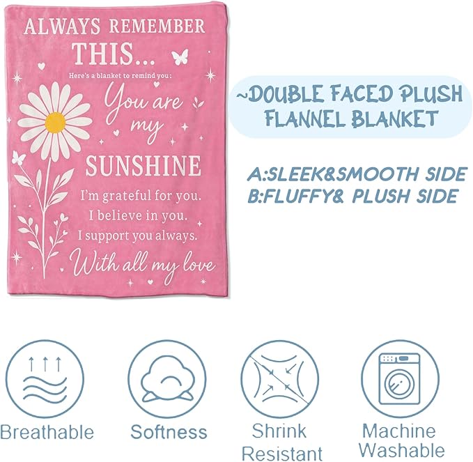 Daisy Flower Blanket,Inspirational Gifts for Girls Women,Soft Lightweight Flannel Throw Blankets,Floral and Sunshine Quote on Pink Throws Home Decor,for Camping Living Room Office,60x50inch