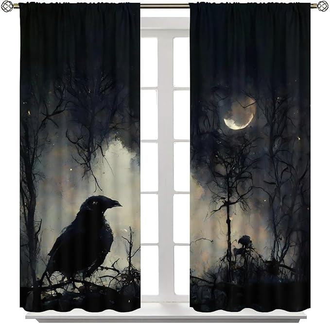 Gothic Halloween Crow Blackout Window Curtains, Black Birds Crow Crow Black Dark Decor Window Drapes, for Home Bedroom Living Room 21(W)*63(L) 2 Panels