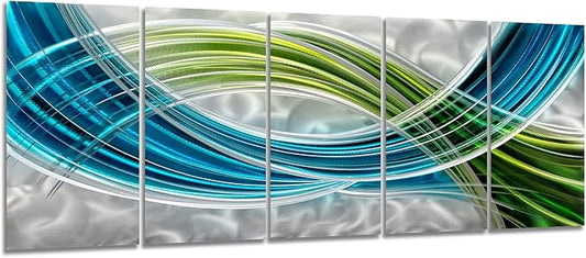 Yihui Arts Abstract Metal Wall Art - Hand Crafted 5 Pieces Panels Large Big Blue Teal Silver Unique 3D Aluminum Modern Contemporary Home Accent