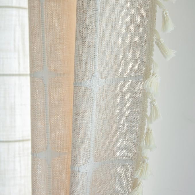 Sutuo Home Boho Curtains for Bedroom Dining Room 90 Inches Long, Beige Bohemian Farmhouse Vintage Chic Tassels Linen Semi Blackout Window Treatment Drape, 1 Panel 52" W x 90" L, Light Coffee Plaids