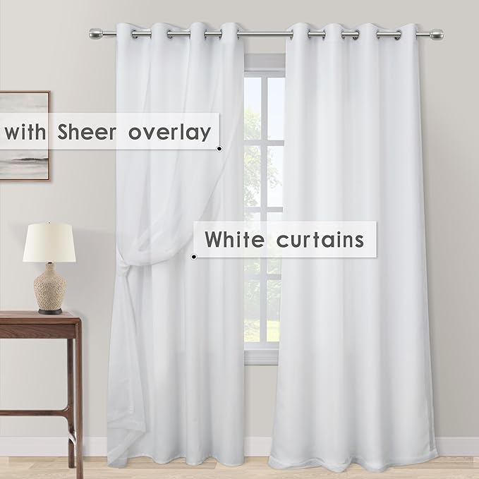 2 Panels Plain White Semi Blackout Curtains 84 Inches Long,Grommet No Non Black Out Privacy Keep Heat Fabric Darkening Thermal Window Coverings Drapes for Living Room Bedroom,84 Length Pair Set