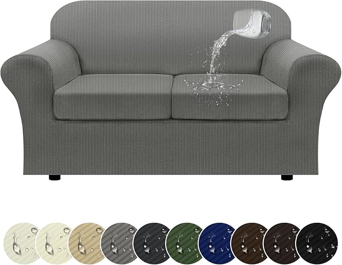 100% WaterproofLoveseat Cover 3-Piece Set Striped Loveseat Slipcovers for 2 Cushion Couch Sofa Covers with TPU Leakproof Bottom Stretch Couch Protector Pet Proof - Loveseat, Gray