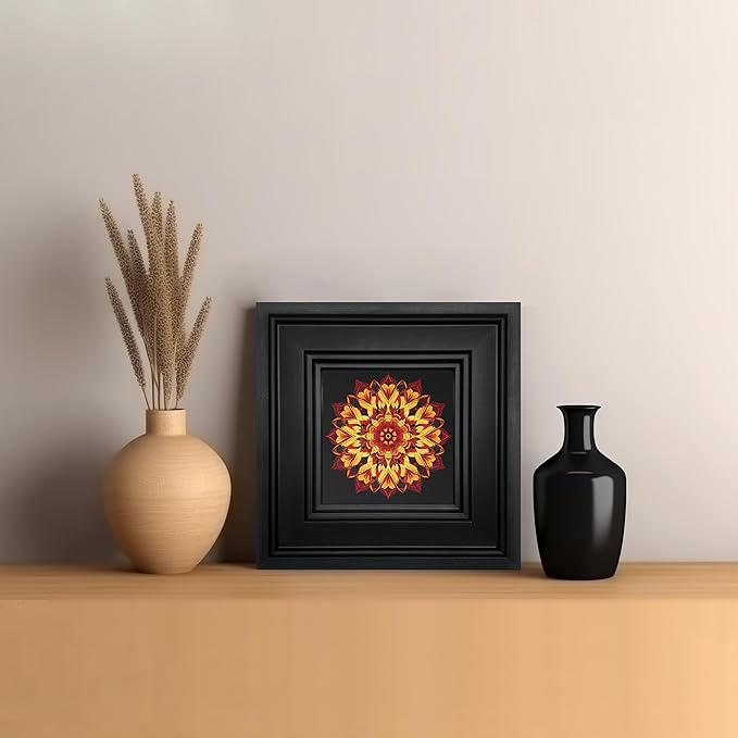 Brivoria Mandala Wall Art Home Decor, Framed Red and Gold Scarlet Whispers Mandala Artwork, Modern Spiritual Accent for Meditation Corner Desk Shelf or Bedroom, Warm Wall and Tabletop Display, 8x8
