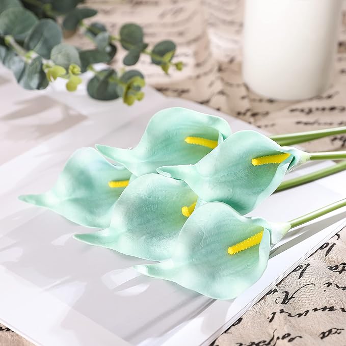 Duovlo 20pcs Calla Lily Bridal Wedding Bouquet Lataex Real Touch Artificial Flower Home Party Decor (Lake Blue)