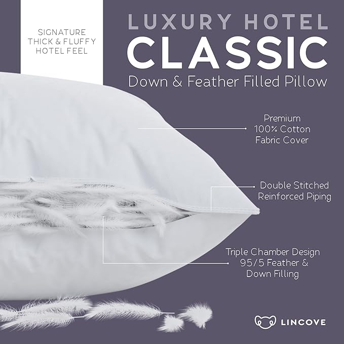 Lincove Down and Feather Luxury Hotel Collection Bed Pillows for Sleeping Made in The USA - 100% Cotton Shell, 600 Thread Count - Soft Hypoallergenic (Queen Size, Pack of 1)