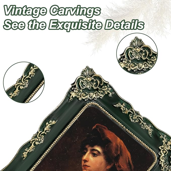 Green Picture Frame 5x7 Vintage Picture Frames Antique Ornate Baroque Victorian Handcrafted for Tabletop or Wall Display with Glass Front