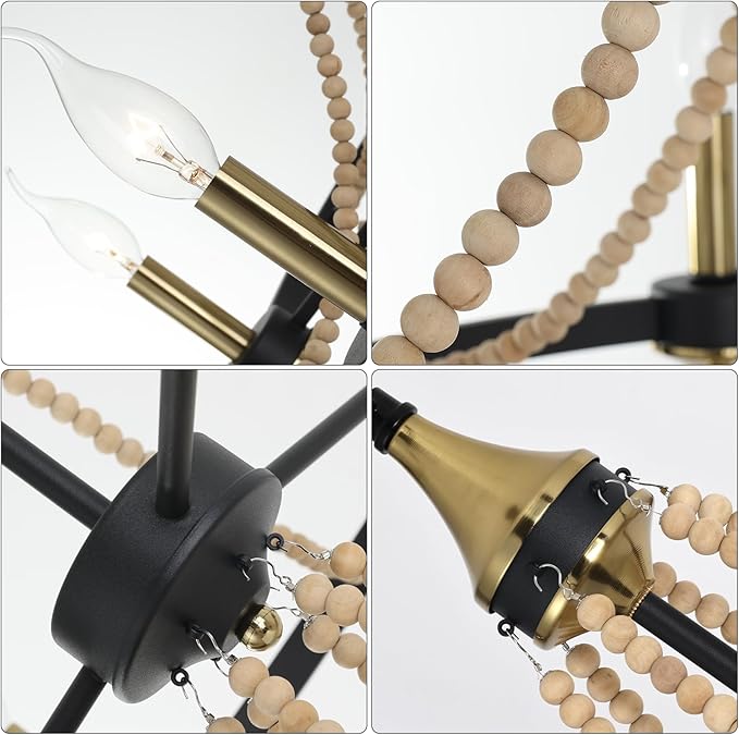 COCOSTAR Black Beaded Chandelier Boho Ceiling Light Fixture, Candle Wagon Wheel Chandeliers with 6-Light,Modern Farmhouse Hanging Lighting with Wooden Bead Pendants for Dining Room, 28 Inch