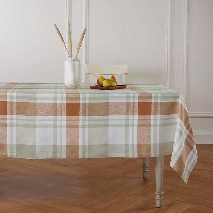 Solino Home Linen Plaid Square Tablecloth 50 x 50 Inch - 100% Pure Linen Fall Harvest Table Throw - Machine Washable Table Cloth for Autumn, Thanksgiving, Holiday