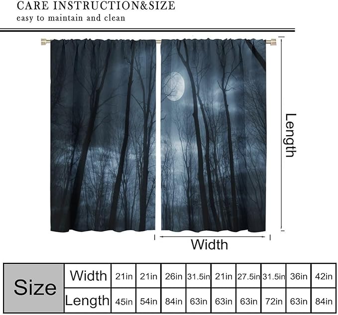 Forest Moon Gothic Blackout Curtains, Black Nature Tree Scenery Foggy Woodland Landscape Art Printed Window Drapes, for Living Room Bedroom 26(W)*84(L) 2 Panels