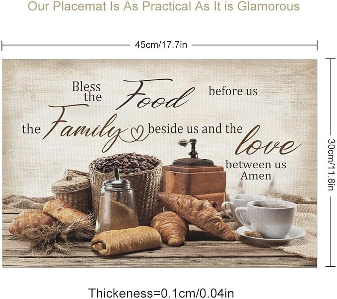 Coffee Placemat Set of 4, 12x18 Inch Rustic Bless The Food Before Us Bread Coffee Theme Farmhouse Washable Heat Resistant Table Mats for Outdoor Farmhouse Kitchen Dining Decor