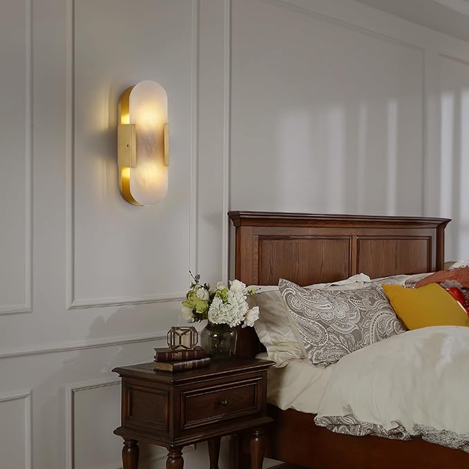 13.8 inch Brass Alabaster Sconces, Indoor Marble Sconces Wall Lighting, Alabaster Sconces for Living Room Modern Alabaster Sconces Wall Lighting for Dining Room Stairs Bedroom