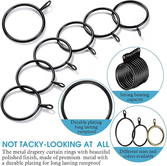 Shappy 40 Pack Metal Drapery Curtain Rod Rings with Eyelets Internal Diameter 1.5in Fits up to 1.1in Rod Hanging Drape Sliding Eyelet Black Rings for Window Door Shower Bathroom