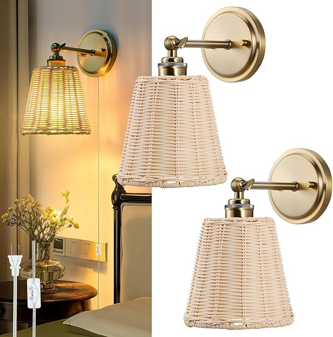Rattan Wall Sconce Plug in, Hand-Woven Wicker Lampshade Wall Sconces Set of Two, Indoor Wall Lamp, Boho Sconces Set for Bedroom Living Room Corridor Plug-in or Hardwired