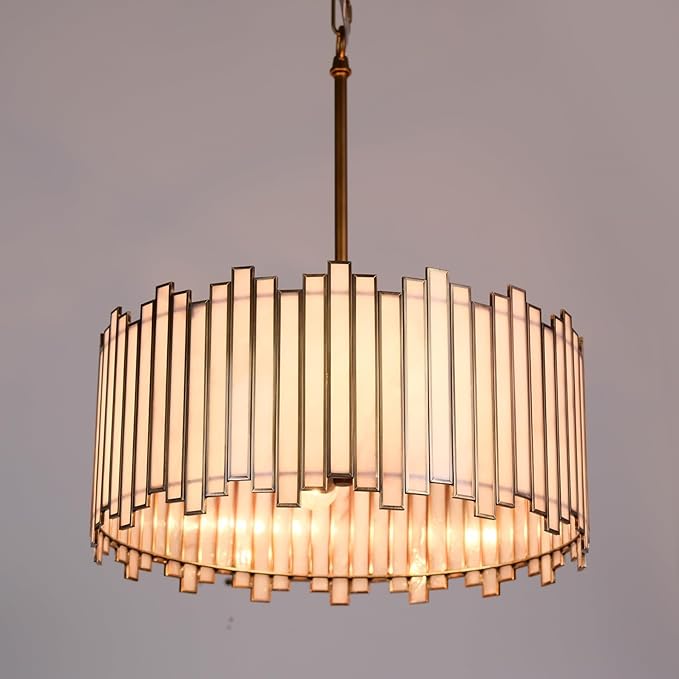 Drum Chandelier 4-Light, Brass Gold Tiffany Pendant Lighting Fixture with Stained Grey Glass Shade, 16” Round Ceiling Hanging Lamp for Bedroom Dining Room Kitchen Entryway Living Room