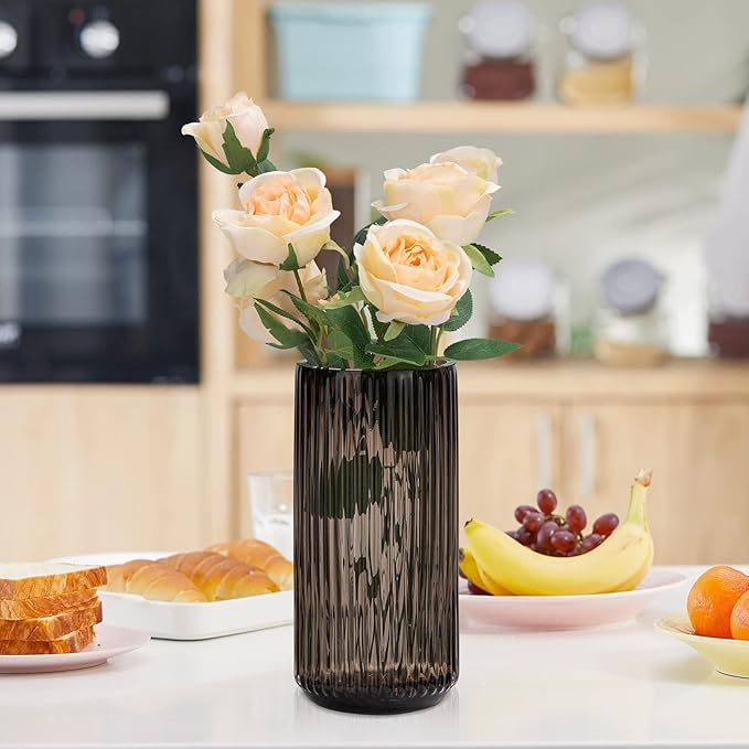 Flower Vase 9.7 inch Amber Thickened Hand Blow Glass Vase Round Vintage Striped Bottles for Bookshelf,Dinner Table,Indoor Office Desktop,Meeting Room,Bathroom,Home