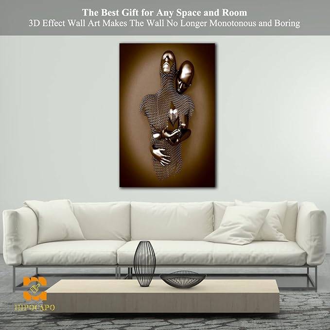 HIPOCAPO 3D Metal Effect Wall Art - Love Heart Canvas Art, Gold Decor for Living Room, Romantic Couple Room Framed 28”x40”x1Pcs 3d Art-31